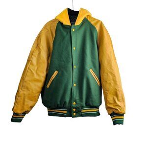 Holloway New Varsity Leather Wool Green And Yellow Hoodie Lettermans Jacket